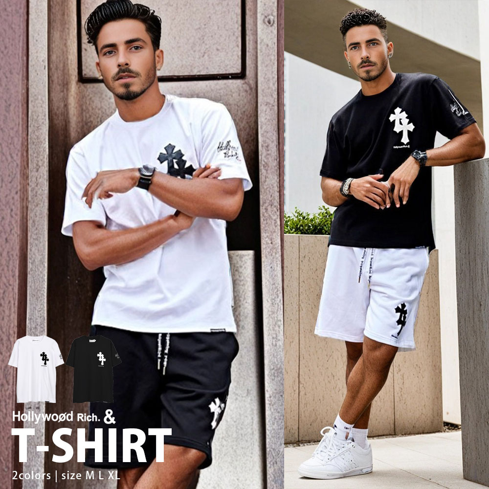 Rakuten - イケオジ ちょいワル 大人男性 40代 おしゃれ 50代 メンズ ファッション Tシャツ 半袖 ブランド 半袖Tシャツ Hollywood rich.& クロス 十字架 アップリケ トップス カットソー 白T シンプル hワイト 大人 中年男性 服 夏 春夏
