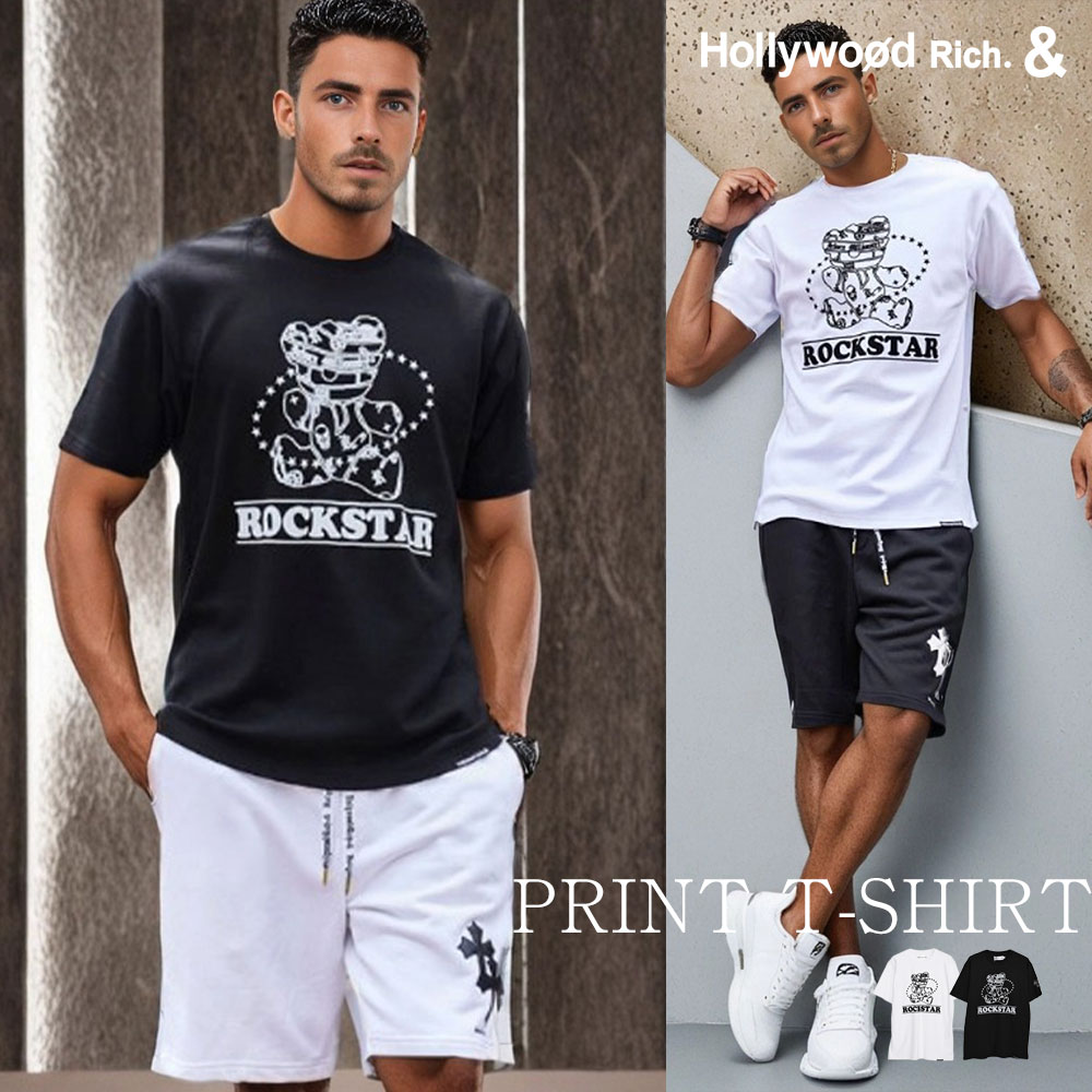 Rakuten - イケオジ ちょいワル 大人男性 40代 おしゃれ 50代 メンズ ファッション Tシャツ ブランド おしゃれ 半袖 半袖Tシャツ Hollywood rich.& トップス ロゴ フロッキープリント 刺繍 クマ ベアー カットソー 白T 中年男性 服 春 夏