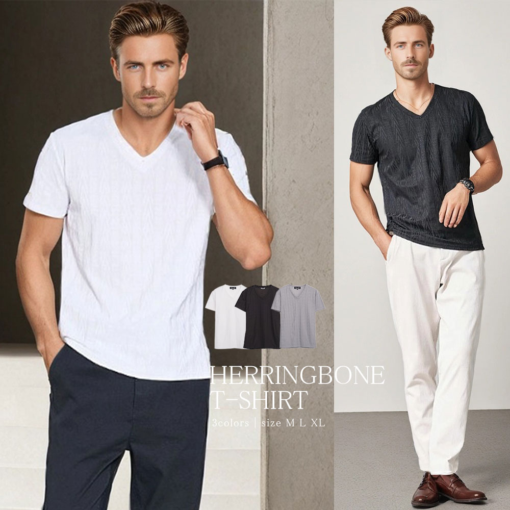 乐天商城 - イケオジ ちょいワル おしゃれ 50代 メンズ ファッション Tシャツ 半袖 半袖Tシャツ ブランド おしゃれ Vネック 白T トップス カットソー インナー ヘリンボーン柄 無地 細身 スリム タイト ストレッチ ゴルフ 白 黒 服 春 夏 中年男性 40代