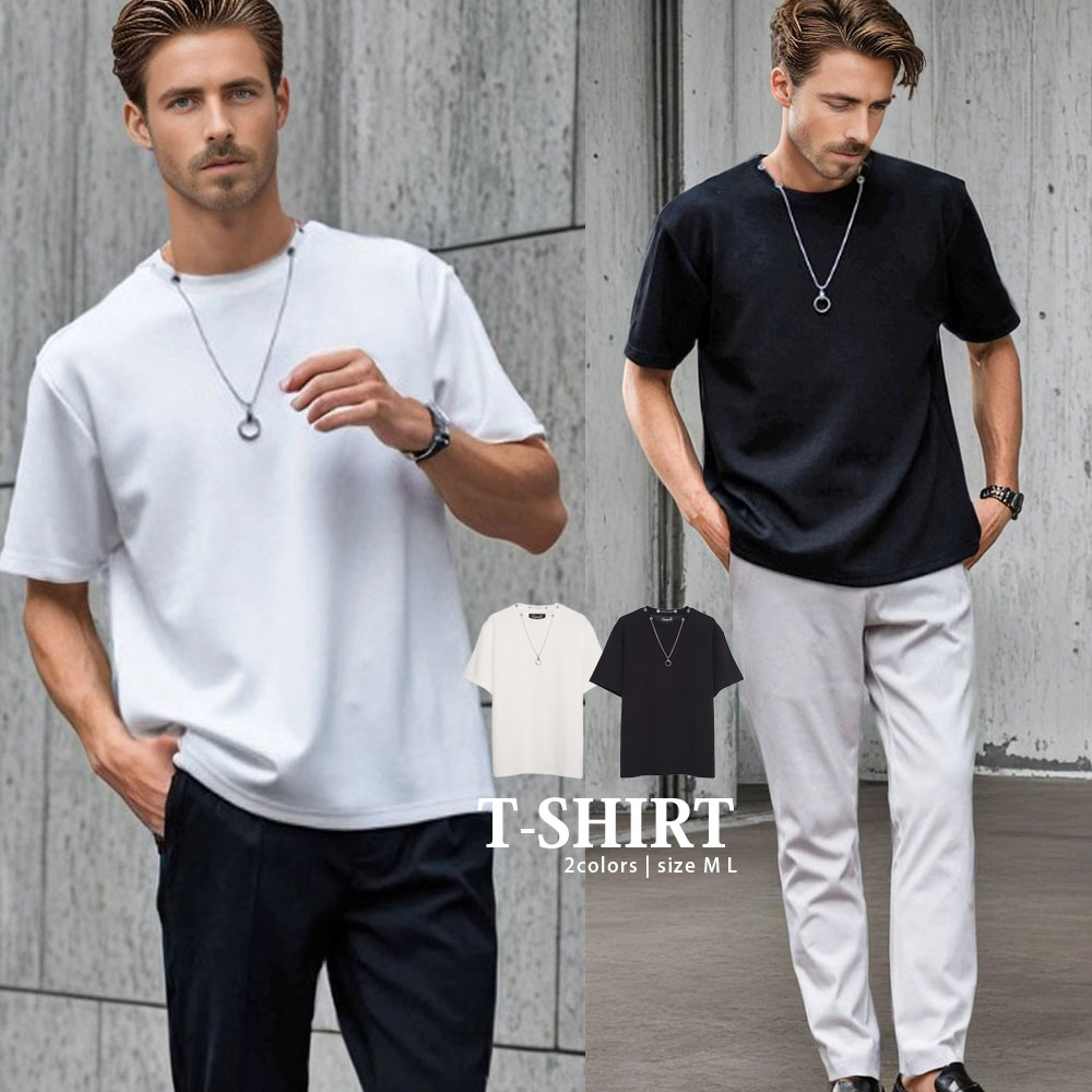 Rakuten - イケオジ ちょいワル おしゃれ 50代 メンズ ファッション Tシャツ ブランド おしゃれ 半袖 ネックレス付き セット 半袖Tシャツ トップス カットソー クルーネック 白T ポンチ 白 黒 大人 40代クール 中年男性 服 夏