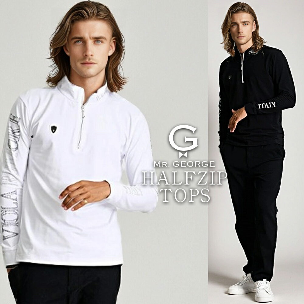 乐天商城 - ミスタージョージ ロンT 50代 メンズ 長袖 長袖Tシャツ ブランド おしゃれ VIOLA ヴィオラ トップス ハーフジップ ラインストーン プリント エンブレム ホワイト ブラック ゴルフウェア M L XL 大人 40代 50代 ちょいワル ユニセックス 秋 冬 秋冬 イケオジ