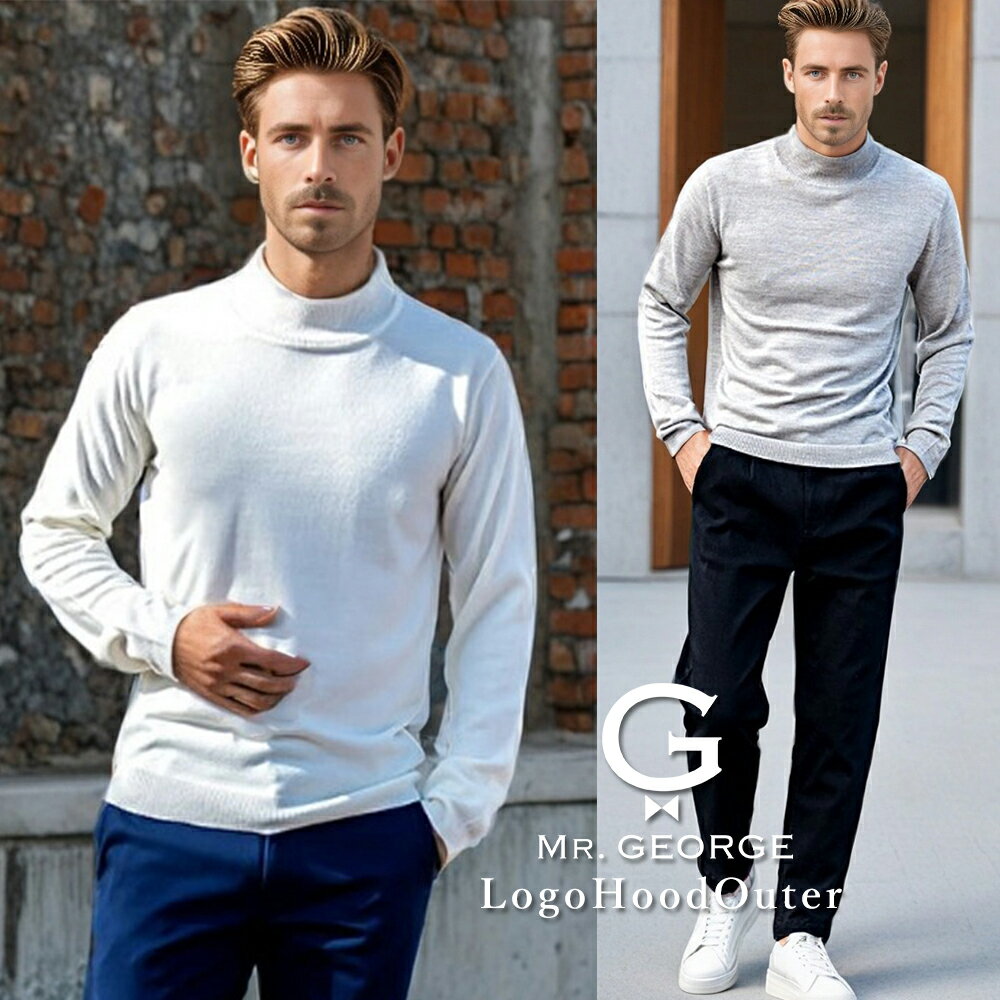 Stylish men's knit sweater, cashmere-touch, washable, high neck, warm, soft, slim fit, fine gauge, suitable for golf wear, business, and casual occasions, size LL, brand name, solid color.