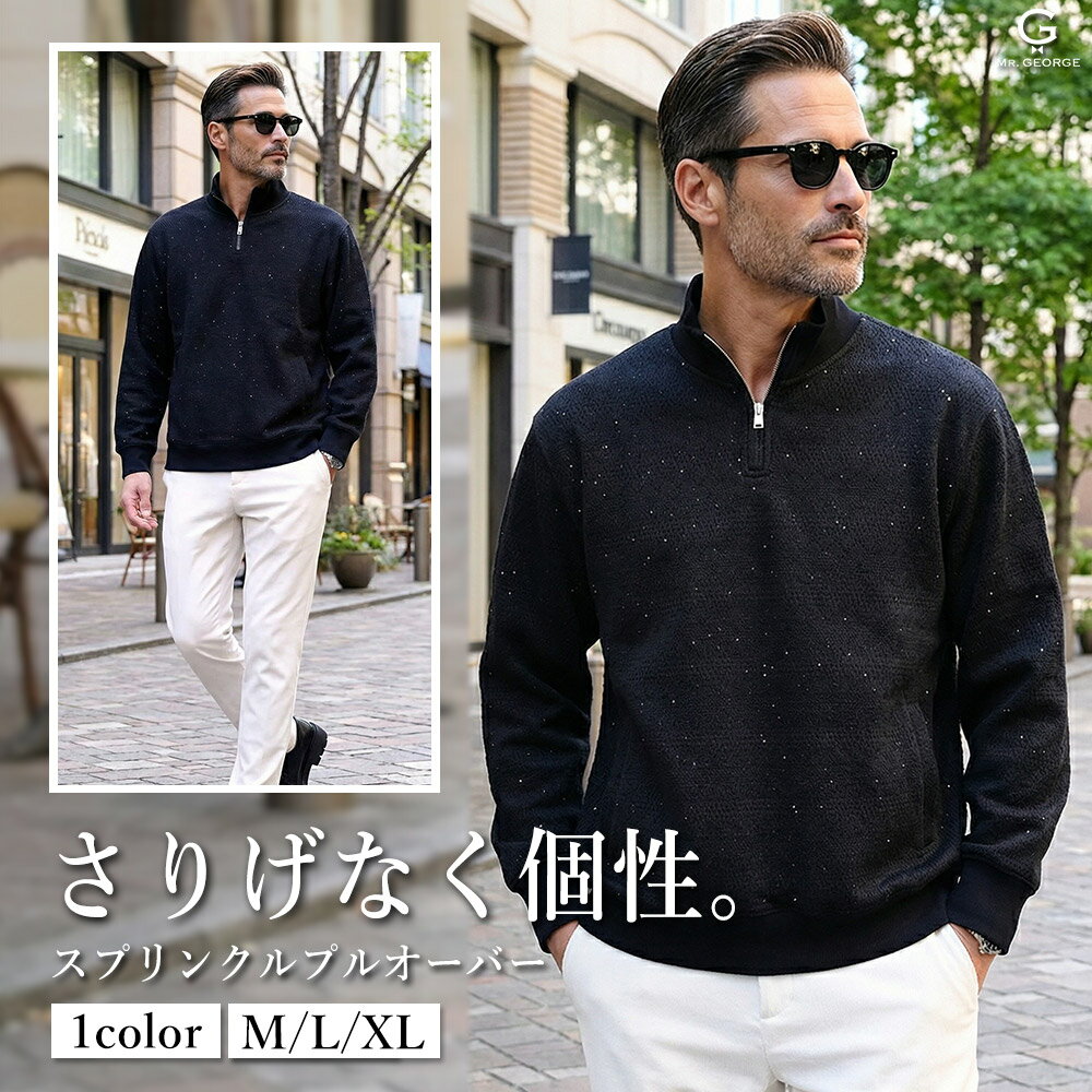 乐天商城 - イケオジ ニット メンズ スタンドネック 長袖 ハーフジップ プルオーバー トレーナー スプリンクル加工 カジュアル シンプル ハイネック 秋冬 ロングシーズン サイドポケット きれいめ ブラック L XL 大きいサイズ 上品 大人カジュアル ちょいワル イケオジ
