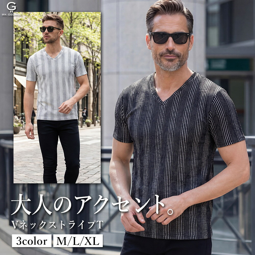 Rakuten - Tシャツ メンズ 半袖 Vネック ストライプ柄 ふくれ織り カットソー 凹凸 ストレッチ トップス イケオジ 40代 50代 60代 XL LL 大きいサイズ 黒 白 ブラック ホワイト 上品 贅沢な雰囲気 スタイリッシュ インナー 1枚でサマになる シワになりにくい 爽やか 休日 ゴルフ 春 夏