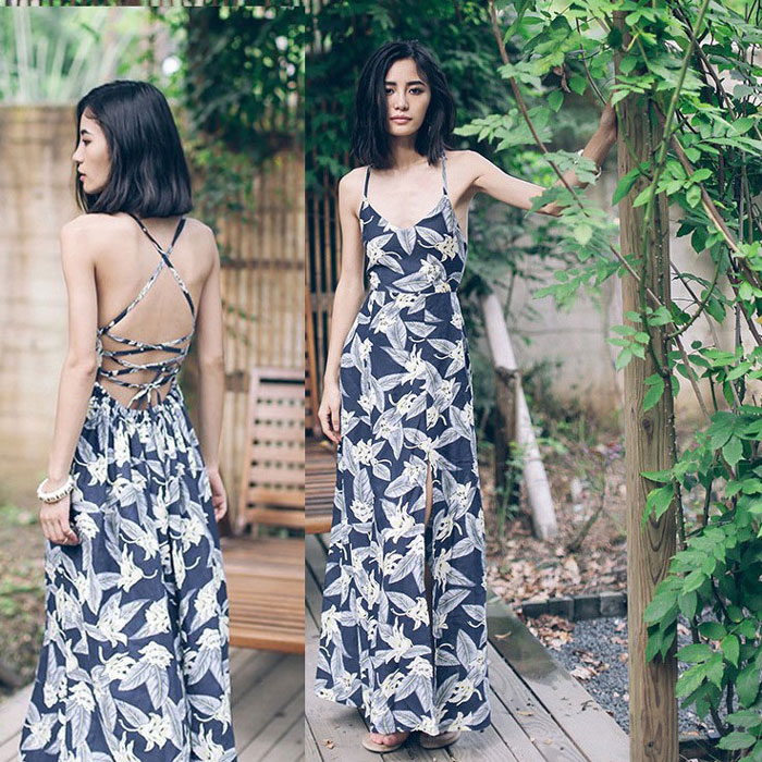 コットン プリント リゾート ワンピース ☆レデイース ノースリーブ 大人カジュアル おしゃれ フリーサイズ ロング丈 ドレス 大胆なデザイン 避暑地のサムネイル