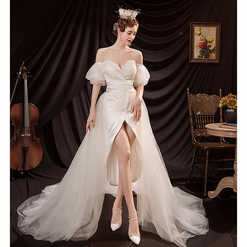 ウエディングドレス 花嫁 パーティードレス 結婚式 ドレス フォーマル シャンペン色 二次会 ノースリーブ プリンセスライン トレーンドレス 前ミニ オフショルダー ブライダル ロングドレス お呼ばれ 大きいサイズ 海外挙式 成人式 セルフフォト オーダーメイド