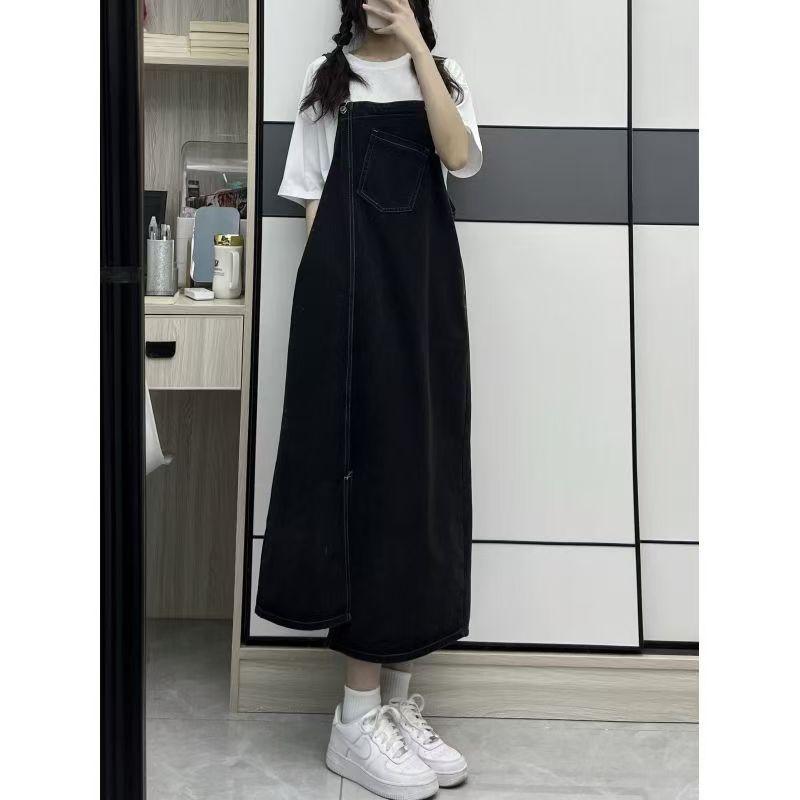 Rakuten - ワンピース レディース デニム サロペット スカート ミモレ丈 ジャンパースカート 春夏 秋冬 ゆったり 普段使い 黒色 浅藍色 かわいい