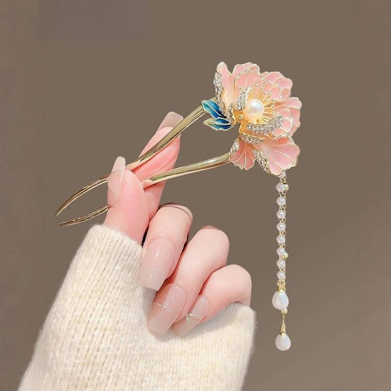 Rakuten - ヘアアクセサリー レディース 簪 中国風 牡丹 花 高級感 タッセル チャイナドレス 髪飾り 結婚式 パーティー かんざし