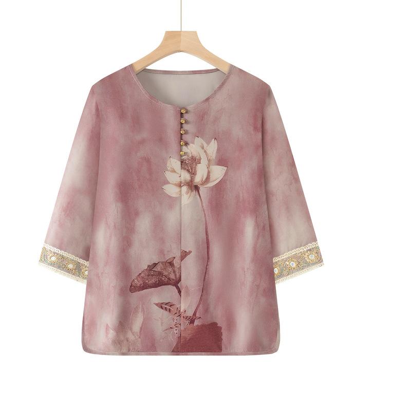 Rakuten - Tシャツ レディース 夏 短袖 薄手 花柄 ピンク グリーン ポリエステル 伸縮性 ルーズ ラウンドネック カジュアル 普段使い 中高年女性 吸湿速乾 軽量 トップス