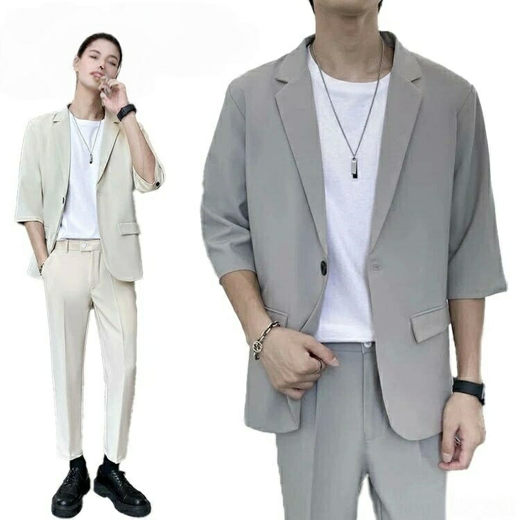 Rakuten - ビジネス 薄い 夏 7分袖 パンツ 秋 メンズ 春 テーラードジャケット 一つボタン 上下セット スラックス 大きいサイズ テレワーク 黒 カジュアル 軽い