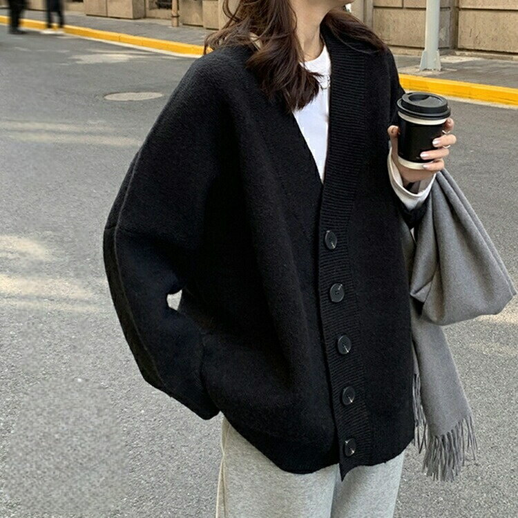 Rakuten - ニットカーディガン Vネック レディース カーディガン ニット ゆったり 羽織り カーデ ハイゲージニット 厚手 ドロップショルダー 体型カバー トップス ハイゲージ 冬 秋 黒