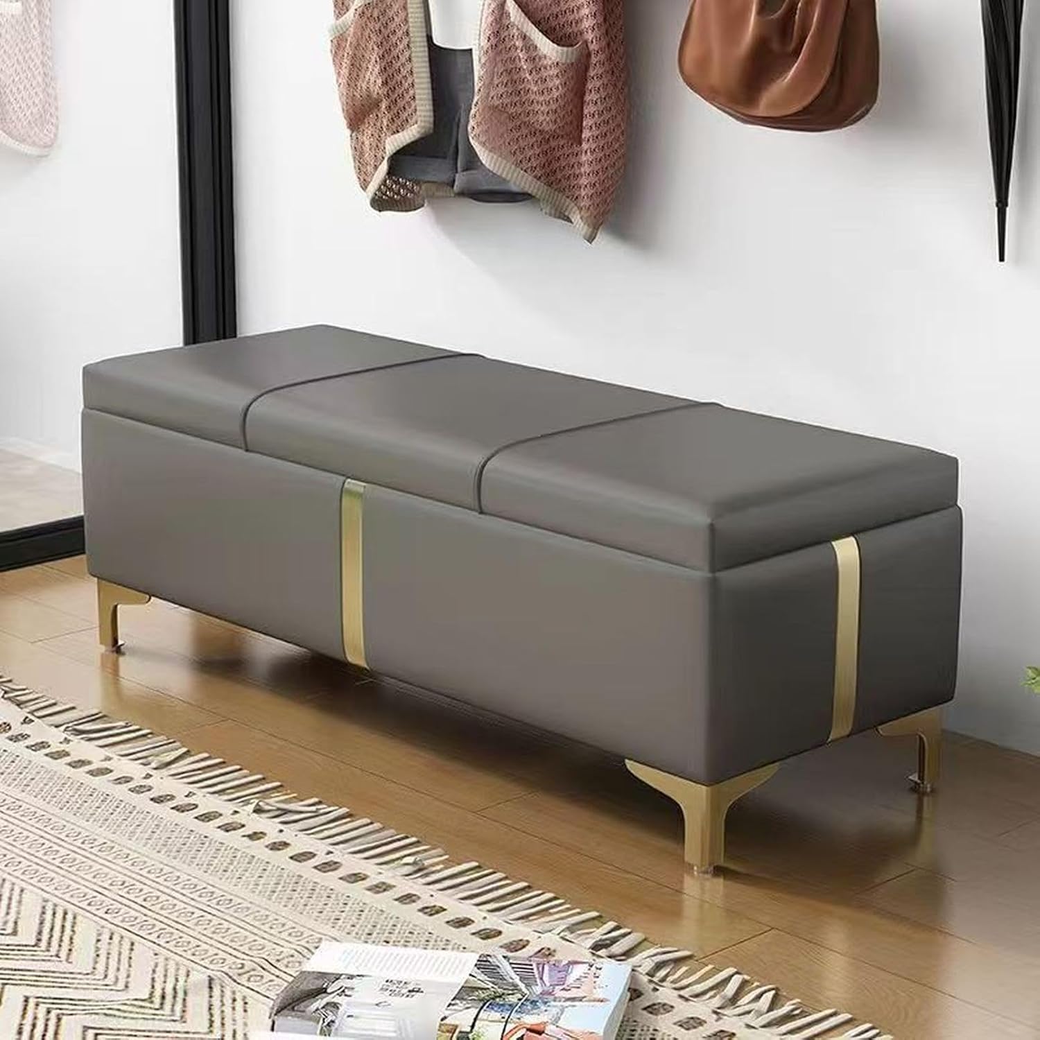 Rakuten - 玄関ベンチ 収納ベンチ 収納ボックス 収納スツール オットマン フットレスト 150*40*40 PU 足置き 踏み台 腰掛け 大容量 ベンチストッカー 静かに開閉できる リビング ダ おもちゃ 衣類