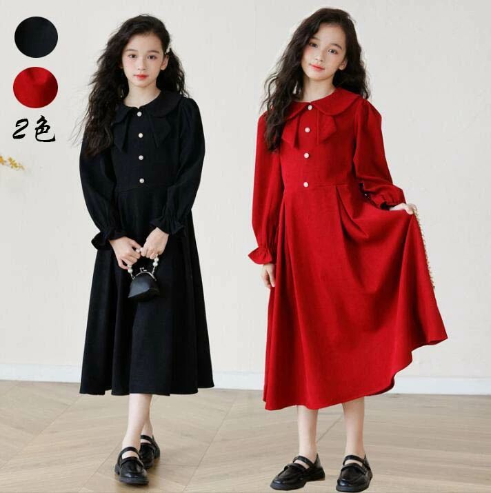 Rakuten - 子供用 長袖ワンピース 160cm 120cm 洋服 140cm お受験 フォーマル お祝い 黒 女の子 可愛い キッズ用 ジュニア 子ども服 130cm 秋冬 キッズワンピース 韓国風 礼服 受験用