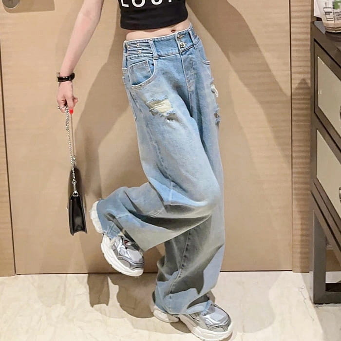 Rakuten - デニム パンツ ダメージ ジーンズ 女の子 ファッション感 ジーンロングパンツ 子供ボトムス キッズ用 130 カジュアルパンツ120 パンツダメージ加工