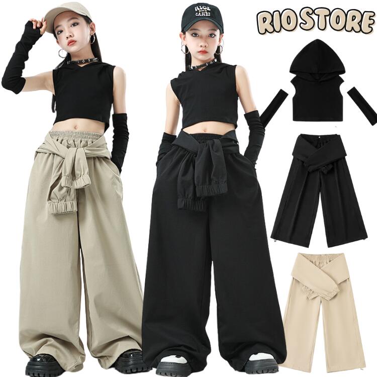 Rakuten - 女の 韓国 かっこいい ロングパンツ 袖カバー付き ショート丈 フード付き へそ出し トップス 黒 ダンス衣装 キッズ セットアップ