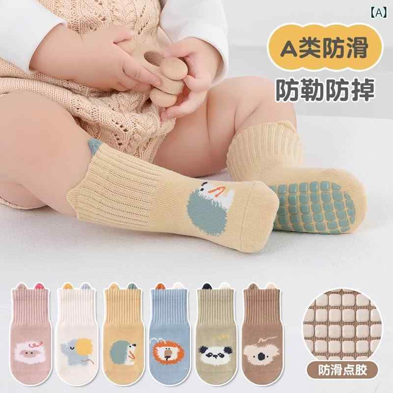 Rakuten - 靴下 子供用 室内用 中丈 滑り止め 耳付き かわいい カートゥーン柄 乳幼児 歩き始め 春秋 通年対応 伸縮性 柔らかい