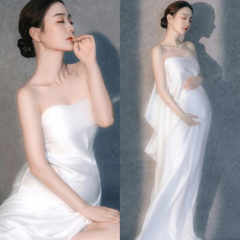 マタニティドレス 白 サテン生地 仙女風 エレガント 写真撮影用 スタジオ用 妊婦服...