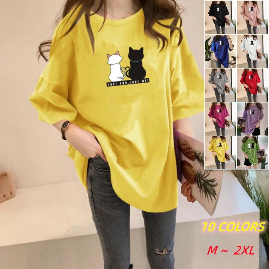 Rakuten - Tシャツ レディース チュニック ねこ tシャツ 春 カットソー トップス 半袖 夏 猫 ネコ プリント新作 流行 t ロング 5分