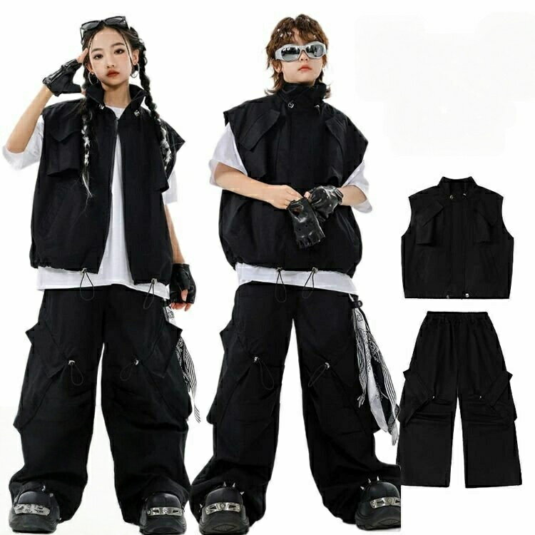 Rakuten - ダンス 衣装 ベスト キッズ 黒 セットアップ 女の子 男の子 カーゴパンツ ヒップホップ ワイドパンツ ゆったりtシャツ かっこいい キッズダンス衣装 ジャズダンス 男女兼用 韓国