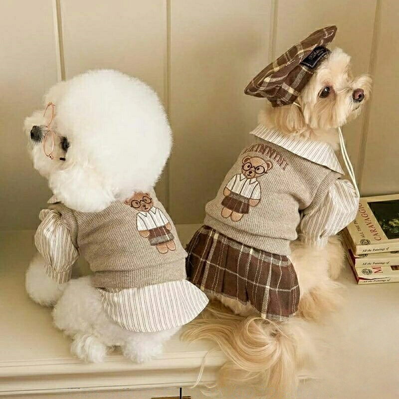 Rakuten - 犬服 猫服 いぬ服 ねこ服 秋冬 小熊刺繍 セーター シャツ 二枚セット ペットウェア ドッグウェア 英国風 学院風 重ね着風