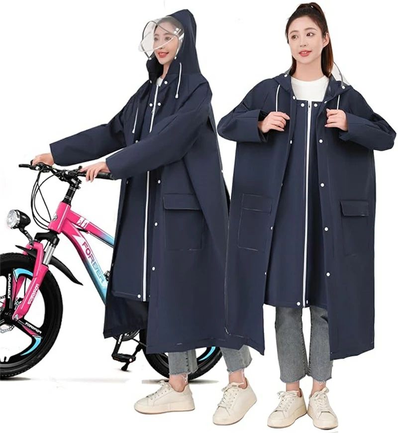 Rakuten - レインコート 二重つば 2ポケット 男女兼用 大きめレインコート ロング丈 おしゃれ 自転車 梅雨 通学 軽バイク通勤