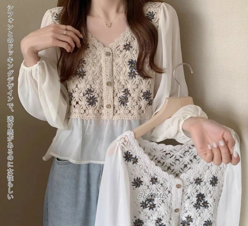 Rakuten - 透け 長袖 花柄 トップス 刺繍 シ ドッキングトップス シフォン かぎ編み クロシェ シアーシャツ レディース ニット