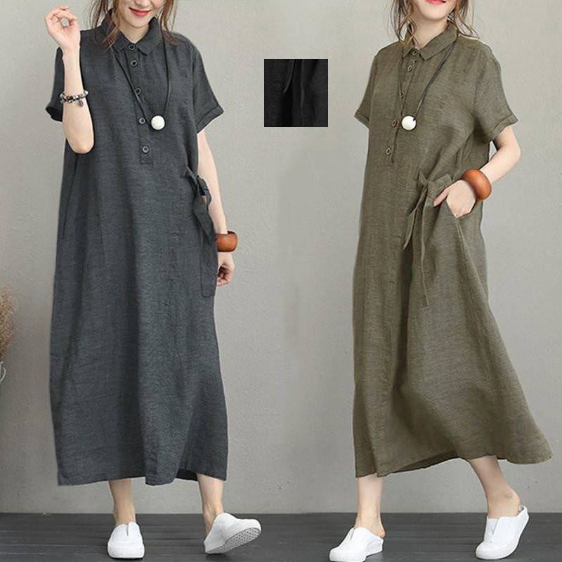 Rakuten - チュニック 夏 シャツワンピース 40代 マキシ 30代 ワンピース 体型カバー ロング 半袖 大きい 薄手 無地