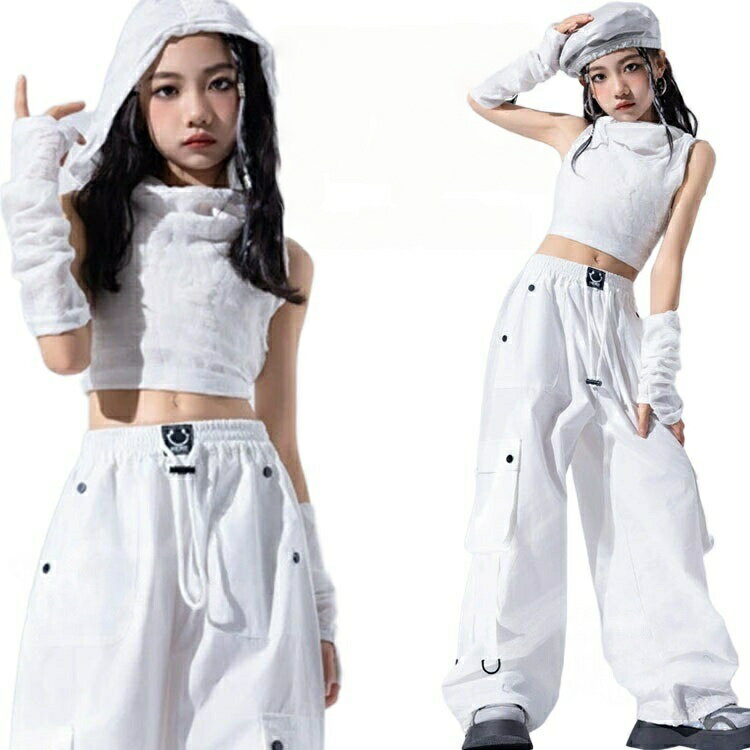 Rakuten - k-pop 衣装 ホワイト キッズダンス衣装 セットアップ 女の子 キッズ へそ出し トップス ダメージ フード付き 白パンツ 白カーゴパンツ ゆったり ダンス服 ガールズ 韓国