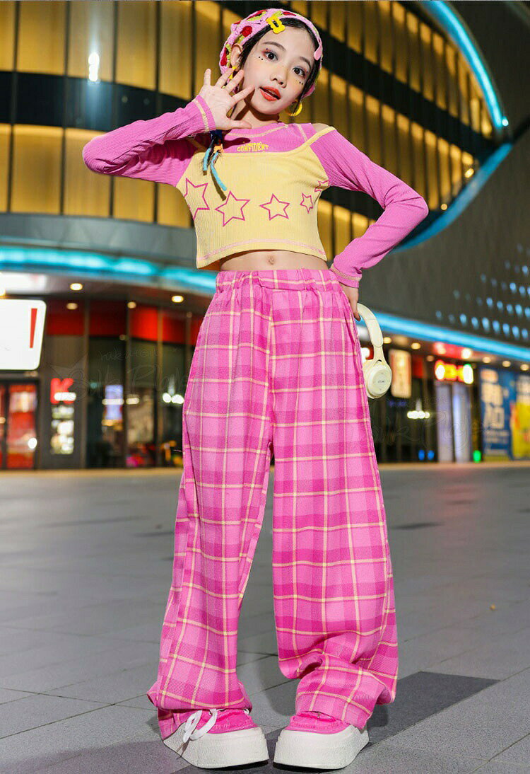 schikのピンク 黄色 k-pop 衣装 へそ出し トップス 女の子 チェック柄 ワイドパンツ キッズダンス衣装 セットアップ ヒップホップ 長袖 ロングパンツ ゆったり アイ 韓国 ガールズ｜アングル2