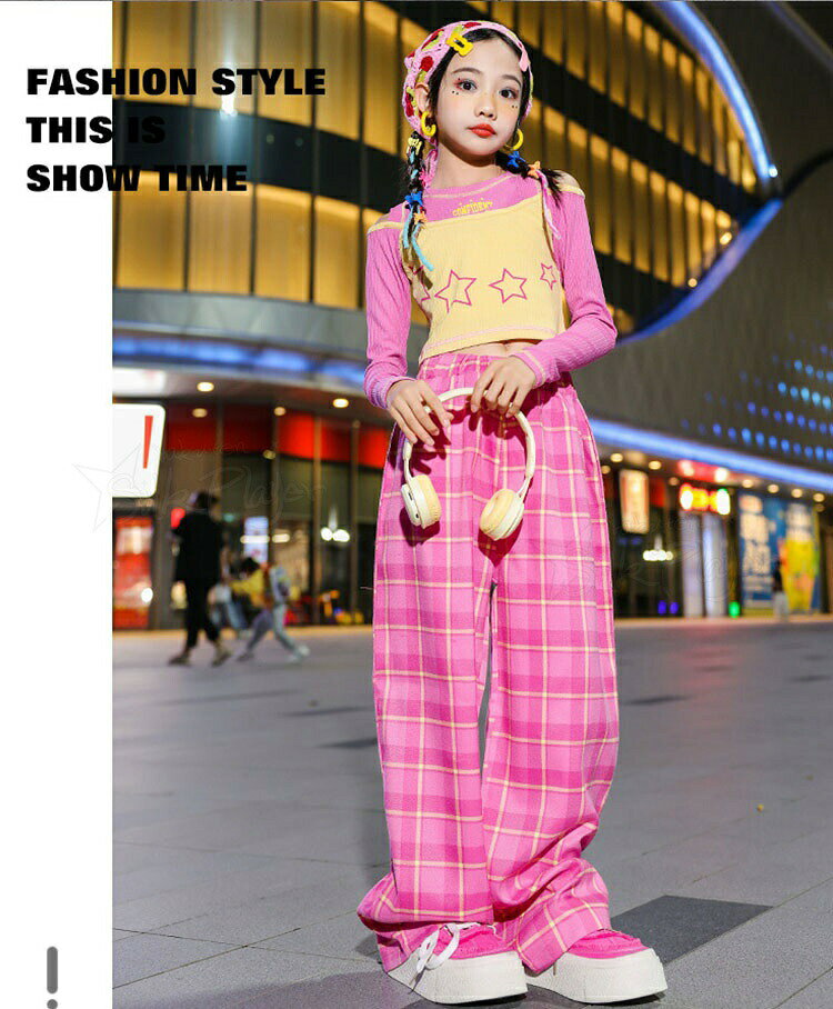 schikのピンク 黄色 k-pop 衣装 へそ出し トップス 女の子 チェック柄 ワイドパンツ キッズダンス衣装 セットアップ ヒップホップ 長袖 ロングパンツ ゆったり アイ 韓国 ガールズ｜アングル3