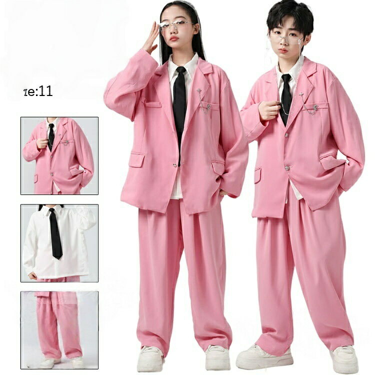 Rakuten - ダンススーツ ピンク かっこいい キッズダンス衣装 セットアップ 長袖 ジャケット パンツ 白シャツ ジュニア パンツスーツ 韓国 k-pop 衣装 派 ステージ衣装 チアダンス ヒップホップ