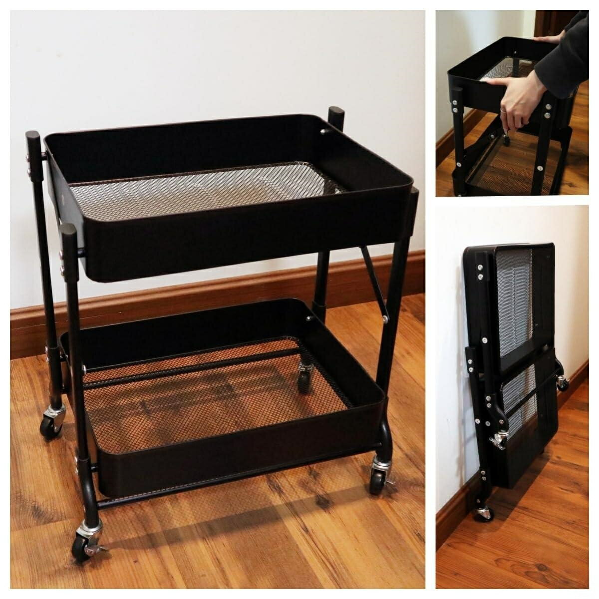 Rakuten - キッチンワゴン 折り畳み 2段タイプ 耐荷重40KG 幅46cm 奥行30cm 高さ51cm シンプル収納ワゴン スチール製ボディ キャスター付き スムース移動 組立商 フック小物収納 吊り下げカップ