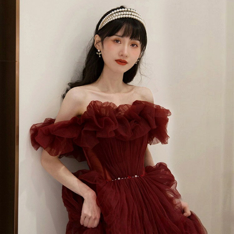 Rakuten - 結婚式ドレス 二次会ドレス ワイン赤 イブニングドレス オフショルダー チュール ドレス 発表会ドレス パーティードレス ワインレッド ロングドレス Aライン