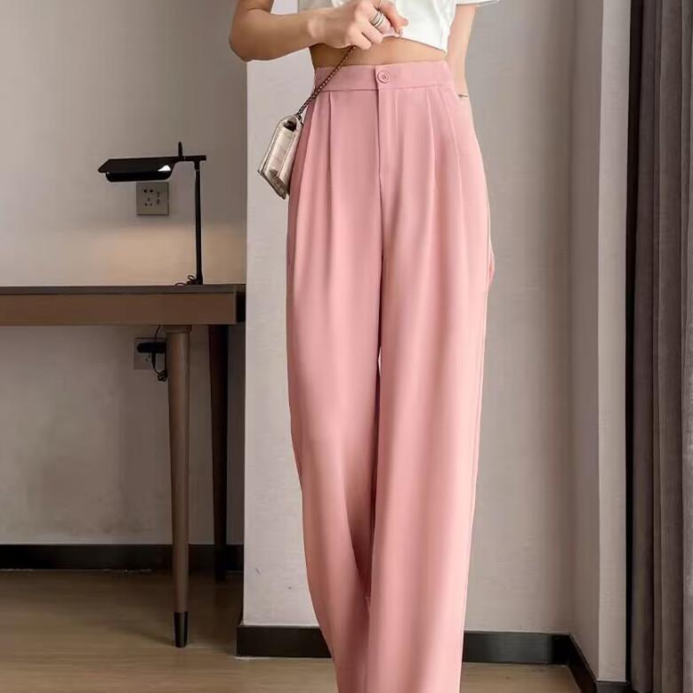パンツ レディース 春秋 ワイドパンツ ゆったり ストレート 大きいサイズ ピンク系 カジュアルパンツ ポリエステル ポケット付き 中厚手 無地
