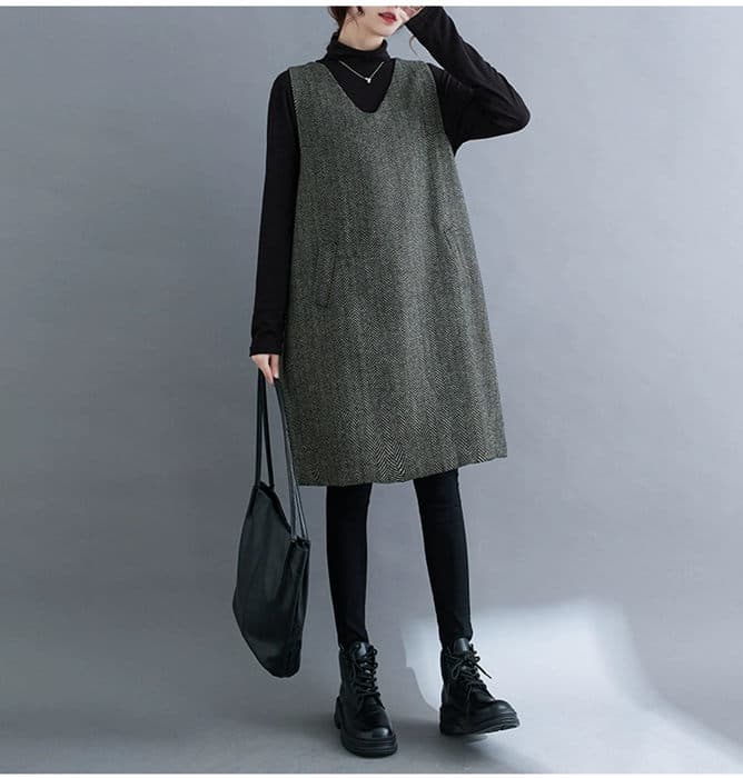 Rakuten - ジャンパースカート ジャンスカ 秋冬 チュニック ワンピース Vネック ロングワンピース 冬物 防寒 ロング丈 袖なし Aライン ノースリーブ スカート サロペット レディース ワンピ