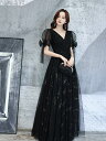 パーティードレス 二次会 黒カラードレス 高級感 Aラインドレス キラキラ ロングドレス 編み上げタイプ 着痩せ ロングワンピース 蝶結び 可愛い 演奏会用ドレ...