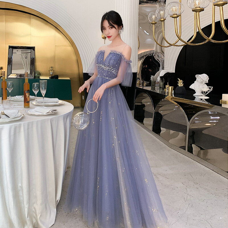 カラードレス 編み上げ ブルー フリル袖 ロングドレス 結婚式 二次会 発表会 演奏会 ウェディングドレス ウエディングドレス 花嫁 前撮り Aラインドレス お洒落 イブニングドレス コンサート パーティードレス ブライダル 披露宴 カクテルドレス 成人式 卒業式 大人