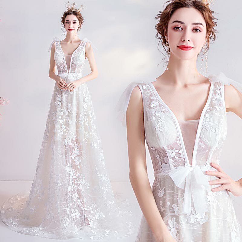 ウェディングドレス 海外挙式 花嫁 小きい パーティードレス ブライダル ロングドレスノースリーブ 前撮り 後撮り 二次会 シンプル ワンピース トレーン 可愛い 海外 撮影用 復古 ピアノ 発表会 海外旅行 フォト リゾート ウエディングドレス Vカット 披露宴 結婚式 演奏会