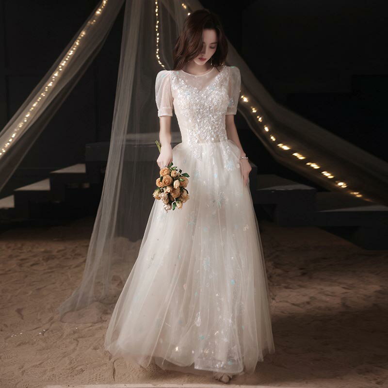 パーティードレス 花嫁 結婚式 ウエディングドレス 海外挙式 二次会 ブライダル ロングドレス ワンピース wedding dress 前撮り フォーマルドレス 可愛い 小きい シンプル ワンピース 半袖 海外旅行 撮影用 ワンピース ふわふわスカート 大きい 披露宴 演奏会 発表会