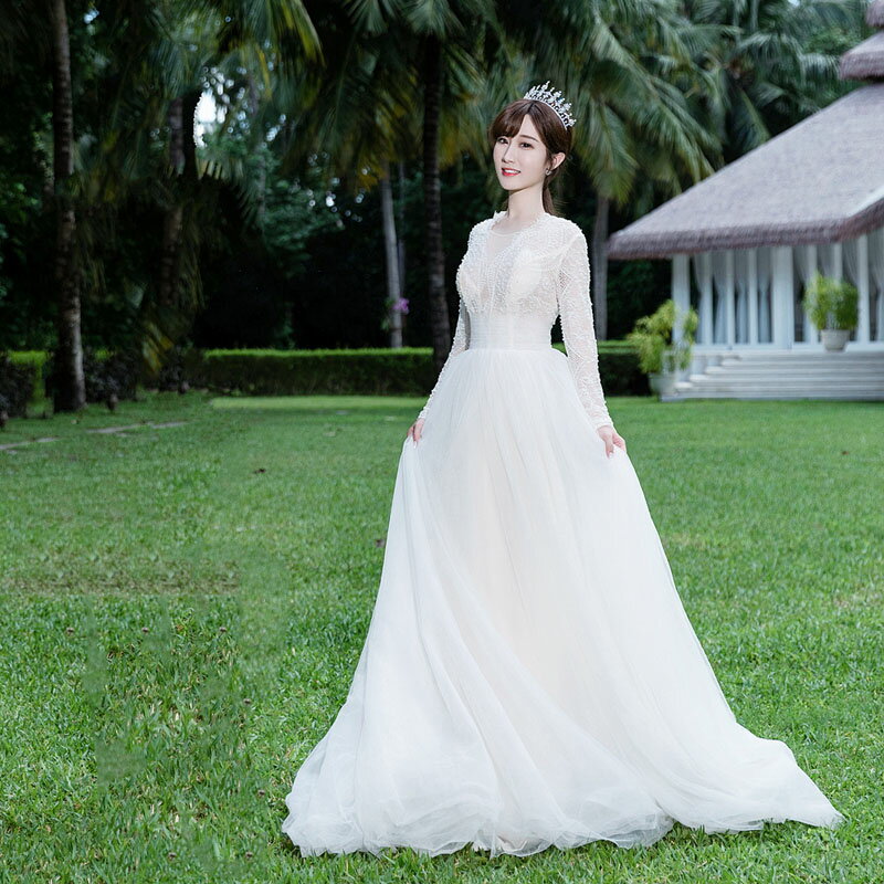 ウェディングドレス 花嫁 二次会 海外挙式 長袖 リゾート ブライダル ロングドレス ピアノ 発表会 前撮り シンプル ワンピース 大人 上品 復古 後撮り 海...