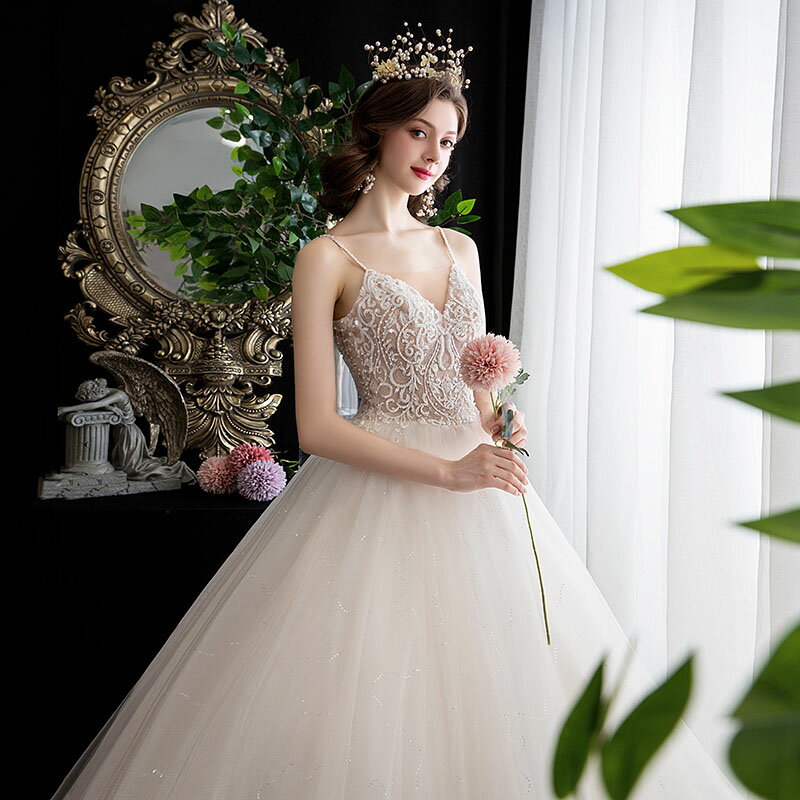 海外挙式 ブライダル ロングドレス 吊りスカート ワンピース ウエディングドレス 花嫁 Aラインドレス リゾートドレス 前撮り 挙式 結婚式 上品 二次会 Wedding dress シンプル ブライダル ロングドレス 刺繍 リゾート ピアノ 発表会