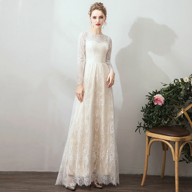 海外挙式 ブライダル ロングドレス ウエディングドレス 花嫁 Aラインドレス Wedding dress リゾートドレス 前撮り 挙式 結婚式 上品 ロングスリーブ 二次会 シンプル ブライダル ロングドレス 刺繍 リゾート ピアノ 発表会