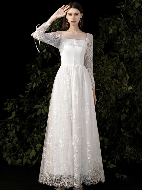 海外挙式 ブライダル ロングドレス 花嫁 Aラインドレス レース リゾートドレス 前撮り 挙式 ウエディングドレス Wedding dress 結婚式 上品 ロングスリーブ 二次会 ふわふわスカート シンプル ブライダル ロングドレス リゾート ピアノ 発表会 セミオーダー 編み上げ