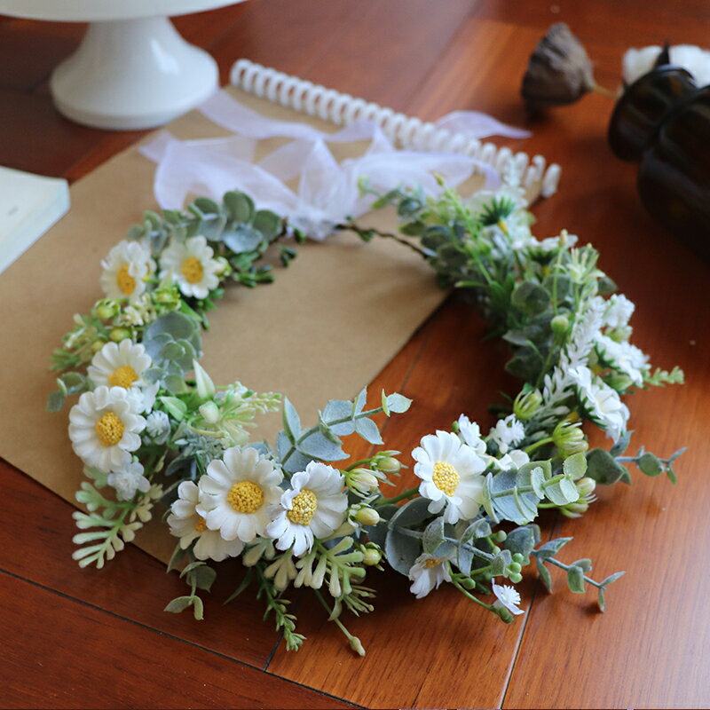 ウエディング花冠 ドライフラワー 白いリボン 結婚式 パーティー 手作り 花かんむり 花嫁 ヘアーアクセサリー 髪飾り 海外挙式 ガーデンウエディング ウェディング小物 写真撮り 森ガール ヘッドドレス 造花 花輪