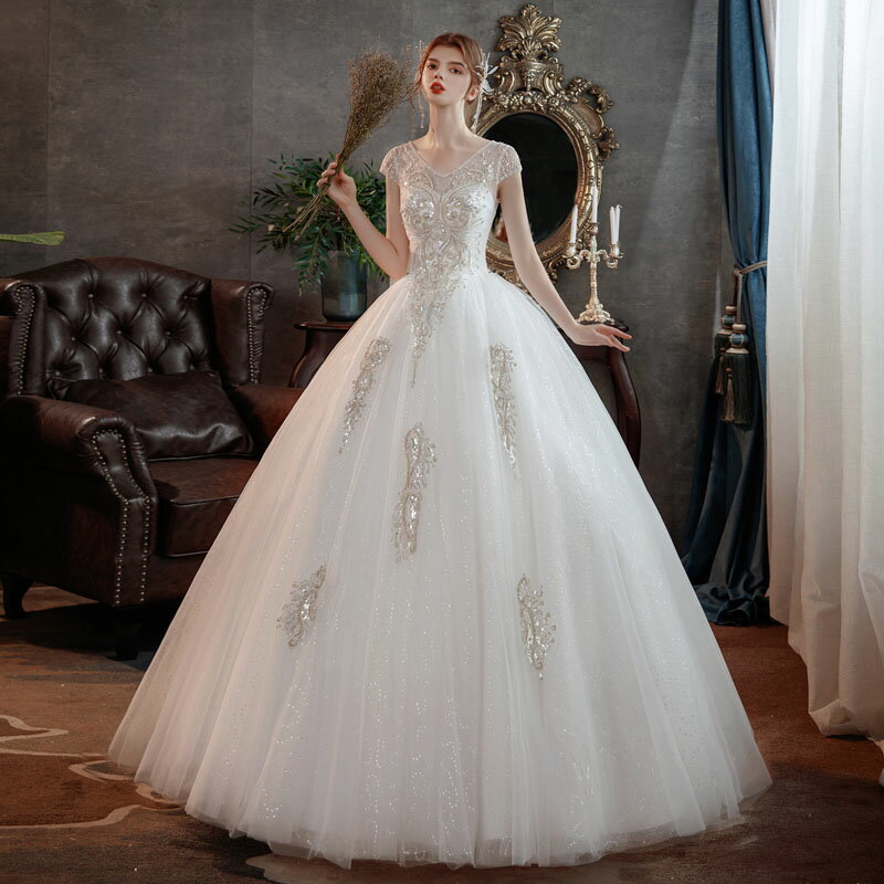 ウェディングドレス 花嫁二次会 wedding dress Vカット ウエディングドレス ブライダルドレス 刺繍 花嫁ドレス ロングドレス 海外挙式 ロングドレス ウエディングドレス プリンセスブライダルドレス 編み上げ