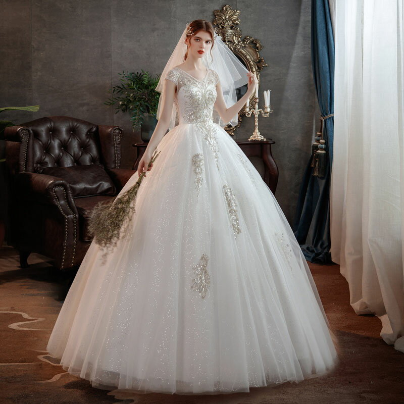 ウェディングドレス 花嫁二次会 wedding dress Vカット ウエディングドレス ブライダルドレス 刺繍 花嫁ドレス ロングドレス 海外挙式 ロングドレス ウエディングドレス プリンセスブライダルドレス 編み上げ