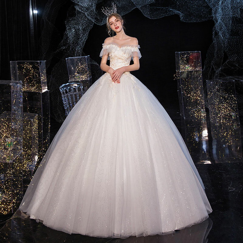 ウェディングドレス ウエディングドレス オフショルダー 花嫁二次会 wedding dress オフショルダー ウエディングドレス ブライダルドレス 刺繍 花嫁ドレス ロングドレス プリンセスブライダルドレス 編み上げ 優雅