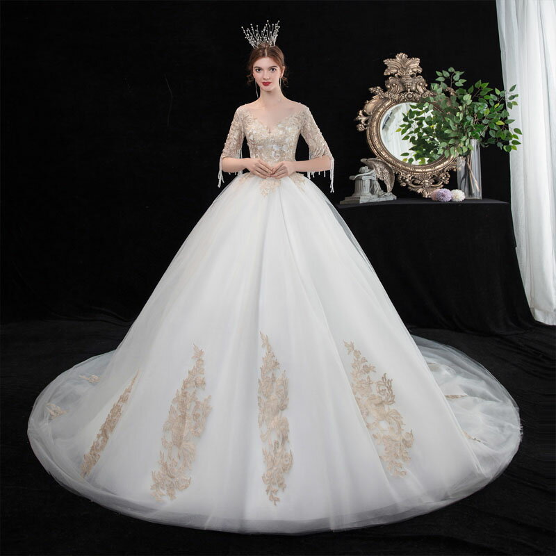 ウエディングドレス ブライダルドレス 結婚式 海外挙式 Vカット トレーン ウェディングドレス 二次会ドレス 袖あり 七分袖?五分袖 パーティードレス お姫様ド...