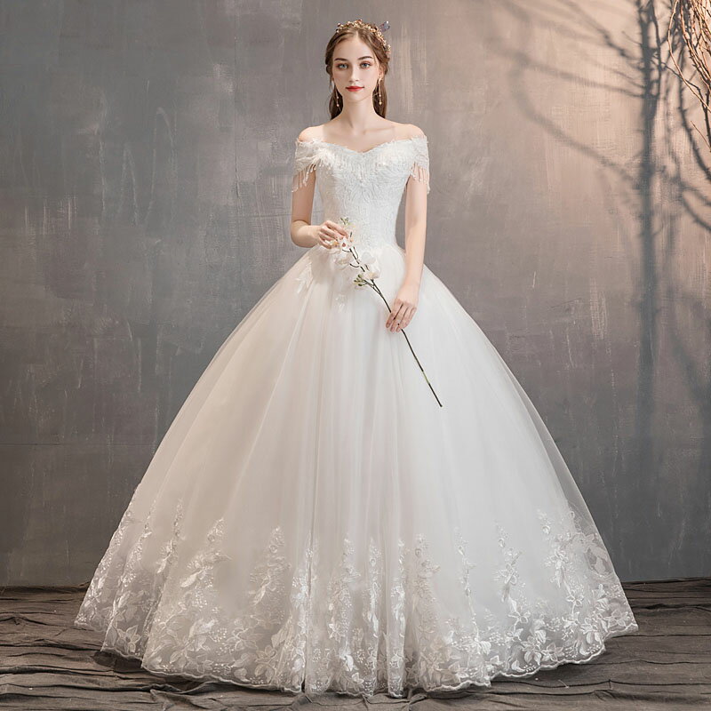 ウェディングドレス 結婚式 ワンピース ブライダルドレス フォーマルドレス オフショルダー Vカット ウエディングドレス 袖あり 編み上げ 刺繍 海外 撮影用 ...