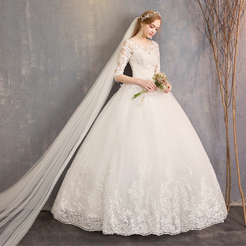 ウェディングドレス ウエディングドレス 結婚式 ワンピース ブライダルドレス フォーマルドレス 花嫁 パーティードレス ロング 袖あり 七分袖?五分袖 編み上げ レース 刺繍 海外 撮影用 お姫様ドレス 披露宴 ドレス